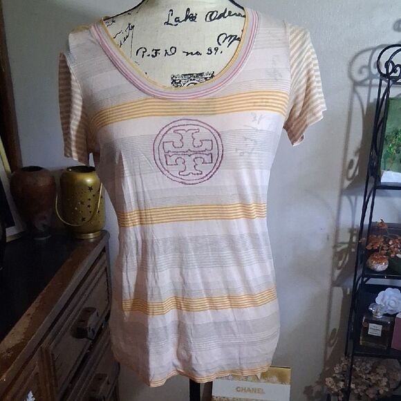 Tory Burch Women's Pink and Yellow Striped Tee XS - Picture 1 of 8